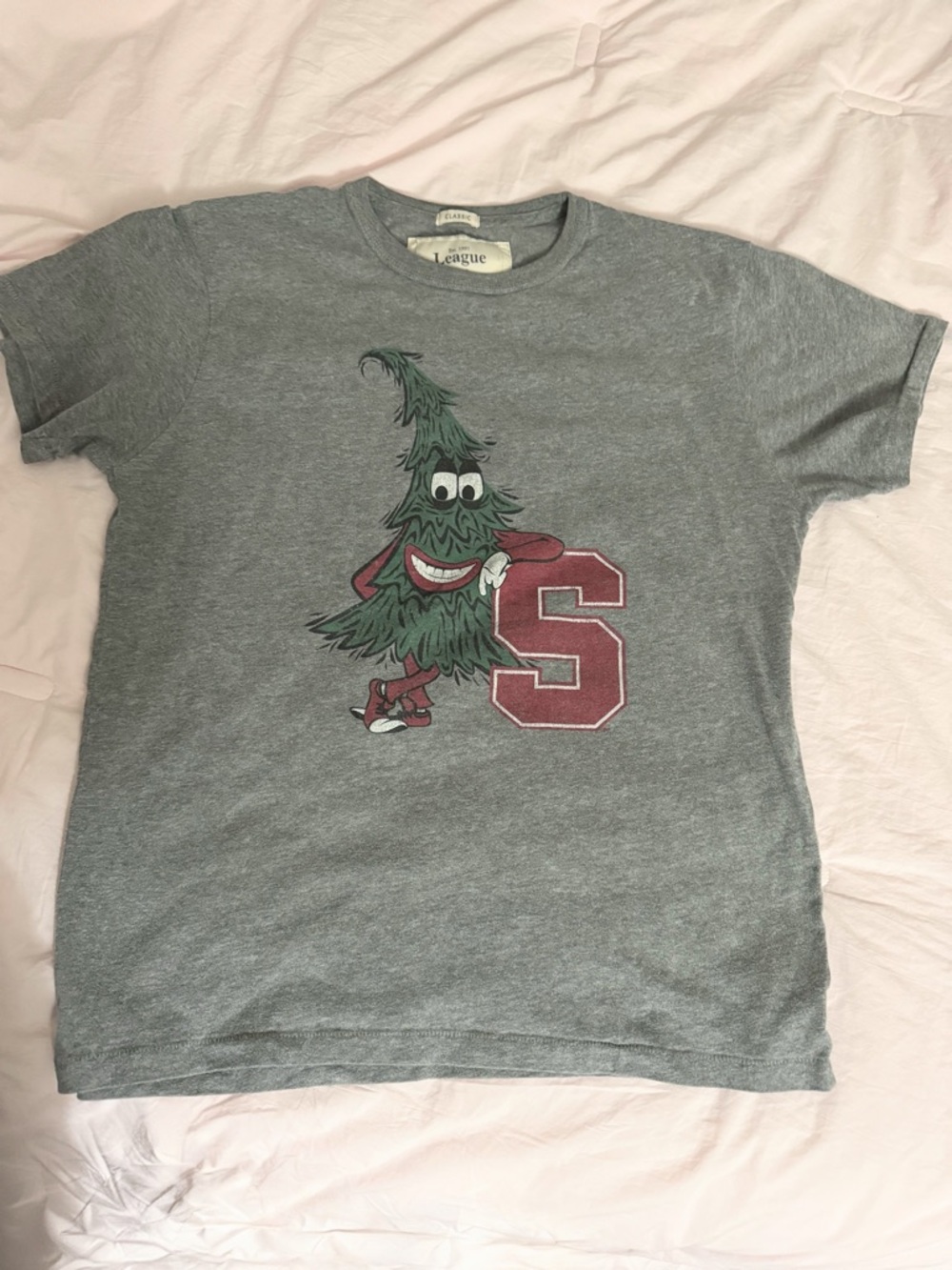 League Stanford University LeagueGray Tee with Green Tree Graphic and Maroon 'S'